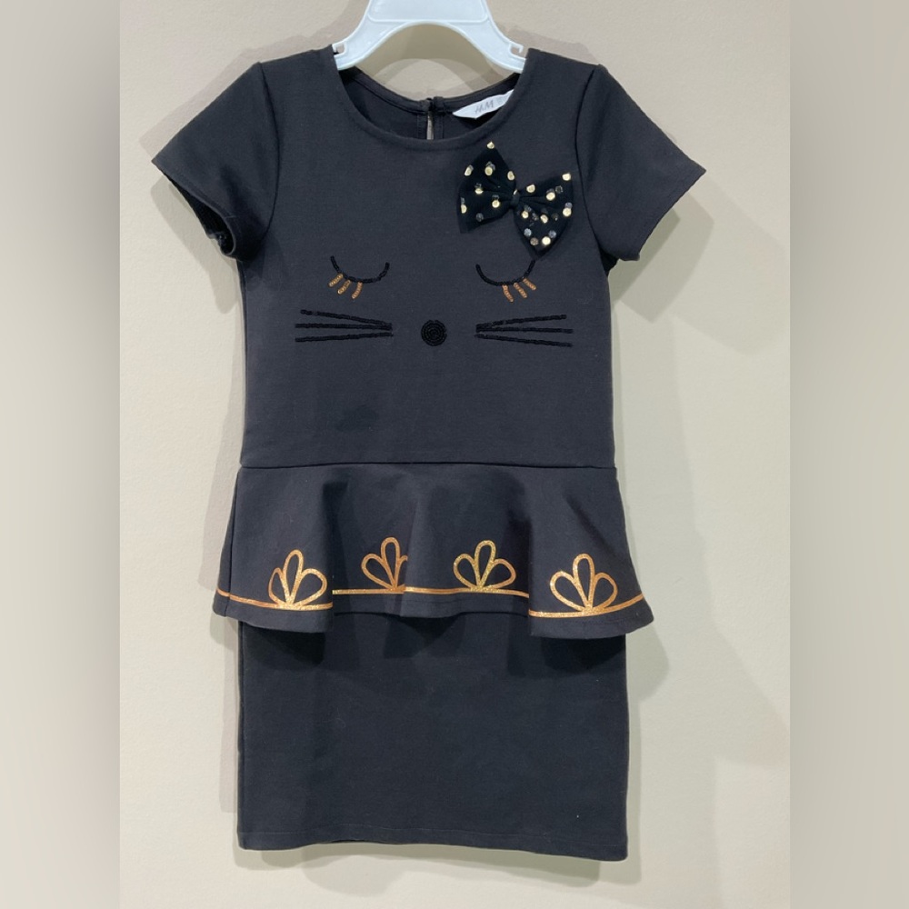☀️H&M Girl’s Jersey Nicely Adorned Dark Brown Cat Dress, 4-6 years old